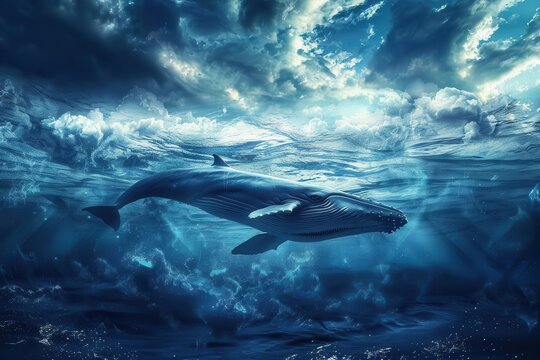 surreal illustration of a giant whale swimming in the vast ocean digital art fantasy concept