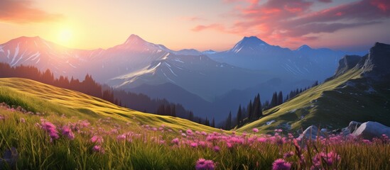 Aufkleber - sunrise on the top of mountains with wildflowers in the foreground. Creative banner. Copyspace image