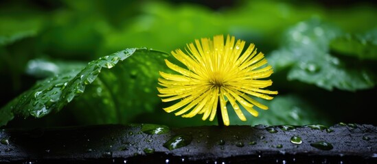 Wall Mural - macro perspective on a yellow dandelion lying on a leaf in the water. Creative banner. Copyspace image