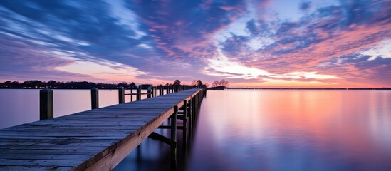 Poster - Old dock in Oyster Bay during blue hour. Creative banner. Copyspace image