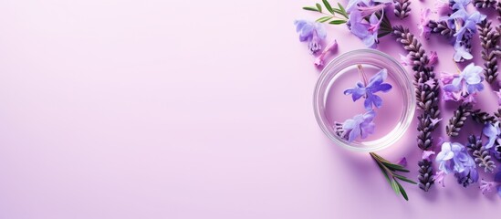 Wall Mural - Bleeding heart flowers lavender mint basil thyme rosemary in a cup with water Light purple background Minimalist concept of creative design Top View. Creative banner. Copyspace image