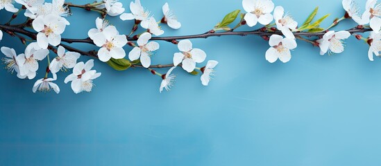 Poster - Flowering branches and petals on a blue background Spring concept. Creative banner. Copyspace image