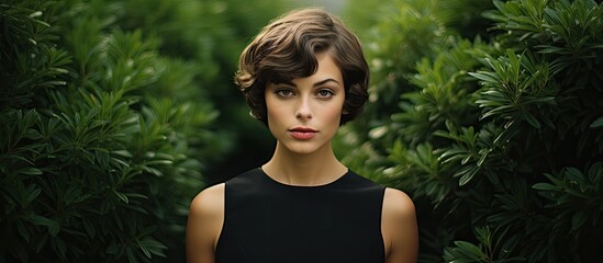Poster - a girl with short hair in a black summer dress stands by a green Bush. Creative banner. Copyspace image