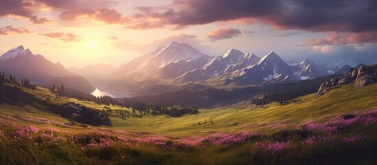 Poster - Beautiful landscape at sunset in the mountains. Creative banner. Copyspace image