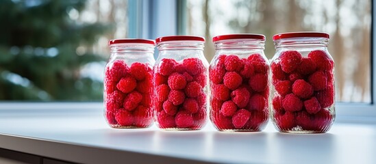 Aufkleber - berries of red ripe raspberries frozen for the winter in the freezer. Creative banner. Copyspace image