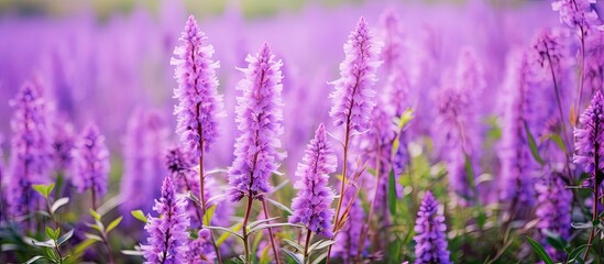 Aufkleber - Purple flowers blooming in the green field. Creative banner. Copyspace image