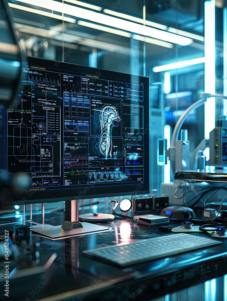 A modern medical laboratory with a computer displaying patient data ...