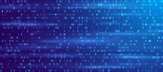 Fototapete - Blue Binary Data Software Programming Code Background. Random Parts of Program Code. Digital Data Technology Concept. 1 0 Machine Code. Random Binary Data Matrix Wide Vector Illustration.