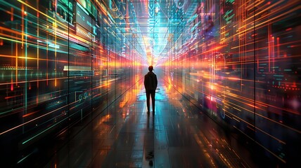 Wall Mural - Man standing in futuristic digital archive, pondering the ethics of altering shared memories, illuminated by backlight and enhanced with chromatic aberration, capturing the tension between technology