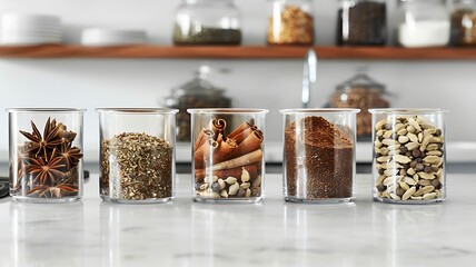 various seasonings in clear glass cups on a modern kitchen counter, highlighting anise, cardamom, cloves, and cinnamon, minimalistic composition
