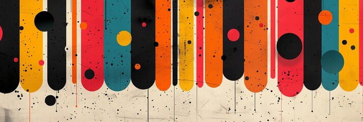 Poster - Generate an abstract pattern with dots and stripes in retro colors, reminiscent of the style found in the style of vintage magazine covers.