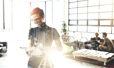 Poster - Woman, tablet and city with double exposure with smile, communication and social networking in modern office. Business person, technology and happy in workplace for research, contact and news update