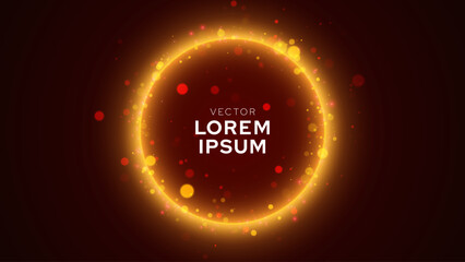 Poster - Neon Circle Frame with Flying Light Bokeh Particles. Glowing Light Ring Circle Banner with Space for Text. Illuminated Realistic Night Scene. Futuristic Portal Concept. Vector Illustration.