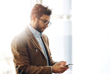 Poster - Phone, social media and space with business man in office for communication, networking or text message. App, contact and email with professional employee reading information on mobile in workplace