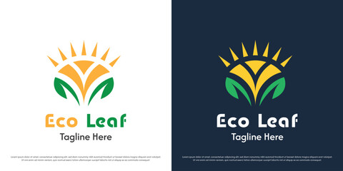Leaf sun logo design illustration. Silhouette of circle shape eco synergy natural resources solar power. Simple flat icon symbol minimal geometric modern abstract nature.