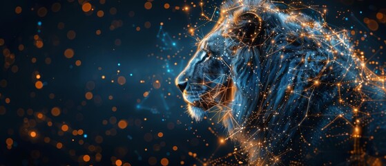 Abstract lion portrait with glowing particles.