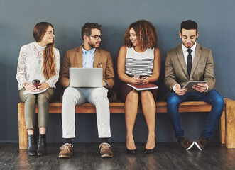 Poster - Hiring, technology and business people in waiting room for interview, meeting or recruitment on bench. Diversity, human resources and candidates in office for opportunity, onboarding or employment