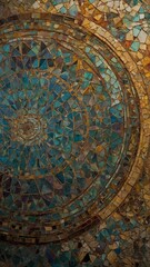 Poster - Circular mosaic pattern reveals intricate designs in shades of blue, brown. Numerous small, irregularly shaped tiles fitted together to form concentric circles around central point.