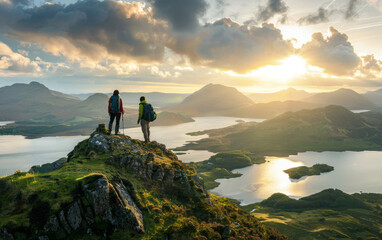 two tourists standing on top of a mountain peak overlooking the lake district. the concept of travel