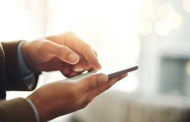 Poster - Phone, research and hand of businessman in office for investment, review and reading finance news. Financial advisor, internet and scroll on technology for budget plan, email and digital feedback
