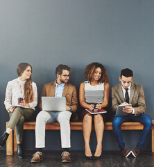 Poster - Recruitment, technology and business people in waiting room for interview, meeting or diversity on bench. Hiring, human resources and candidates in office for opportunity, onboarding or employment