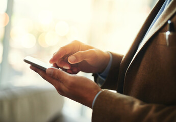 Poster - Website, smartphone and hands of businessman in office for investment, idea and digital finance news. Trading, broker and bokeh with scroll on technology for budget plan, schedule and online feedback