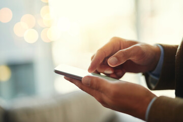 Poster - Business, man and hands with phone in office for investment, review and online finance news. Broker, trading and bokeh with scroll on technology for budget plan, email and stock market information