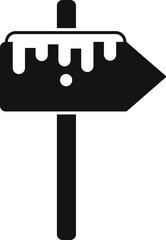 Poster - simple black and white icon of a blank wooden signpost pointing to the right, covered with snow on t