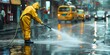 © Anastasiia - Worker in yellow rain suit uses highpressure water pole to clean urban street. Concept Cleaning, Urban, Street, High-pressure water pole, Worker