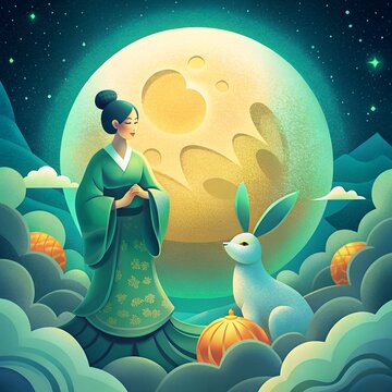 Mid autumn festival green background, Chang'e and jade rabbit enjoy the full moon watching and sit on mooncake