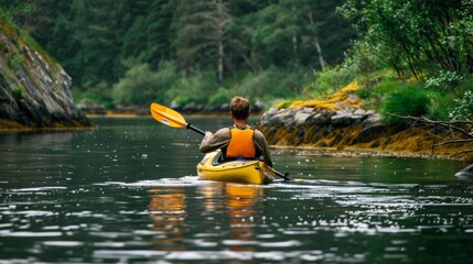 Canvas Print - A person in a yellow kayak paddling down a river