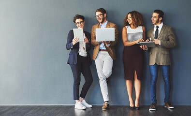 Aufkleber - Group, people and standing in office with technology for hiring, international diversity for corporate company. Crowd, men and women with mobile app for onboarding, waiting for interview with hr