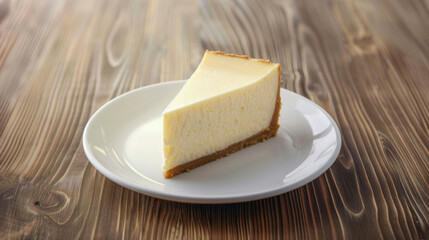 slice of cheesecake on a white plate with a wooden table 