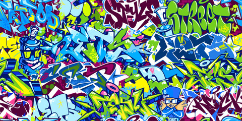 Wall Mural - Cool Seamless Colorful Abstract Urban Style Hiphop Graffiti Street Art Pattern Vector Background