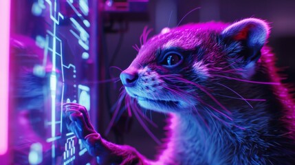 Poster - A small animal with a pink nose is touching a computer screen