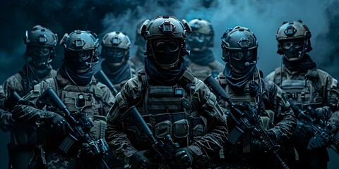 Blackclad combat squad gazes into distance backs turned to camera. Concept Military aesthetics, Tactical team, Dramatic portrait, Army squad, Intense gaze