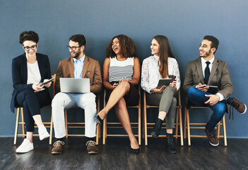 Sticker - Talking, technology and business people in waiting room for interview, meeting or recruitment on chair. Hiring, HR and diversity candidates in office for opportunity, onboarding or employment