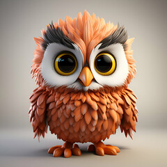 Wall Mural - Cute owl isolated on gray background. 3D rendering. .