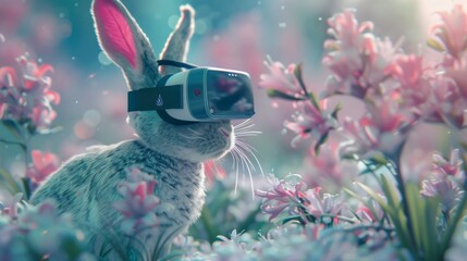 A rabbit wearing a virtual reality headset is standing in a field of flowers