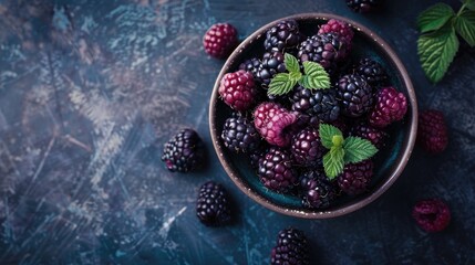 Poster - Fresh organic black raspberries displayed in a bowl on a dark wooden surface