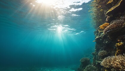 Wall Mural - Mesmerizing underwater view of the coral reef, illuminated by the rays of the sun. Concept related to nature, marine life, ecology, summer vacation and adventure