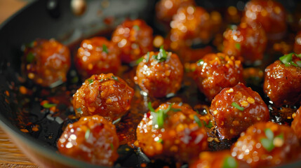 Wall Mural - meatballs with chili sauce in the pan on wooden table, closeup view.