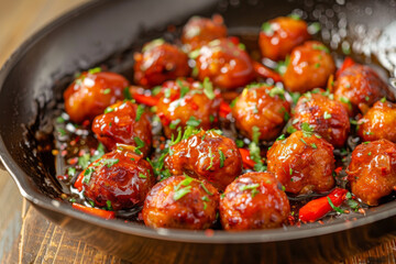 meatballs with chili sauce in the pan on wooden table, closeup view.