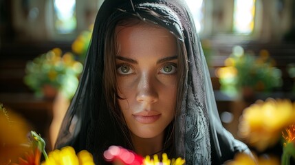 a young woman's intense gaze surrounded by flowers, inside a church, conveys ethereal beauty