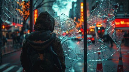 A person with a hood stands near a smashed glass pane at a bus stop in a vivid urban environment, suggesting vandalism or an accident