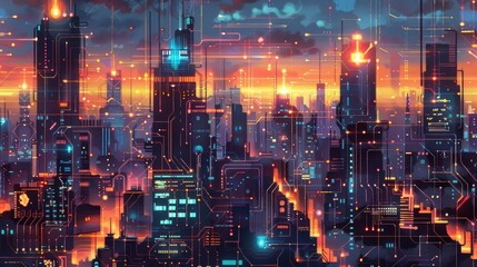Wall Mural - Modern futuristic digital circuit city building background.AI generated