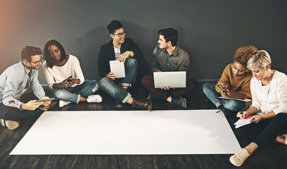 Poster - Banner, tech and business people on office floor with mockup for creative, planning or digital agency promotion on wall background. Poster, collaboration or web design team with app for brainstorming