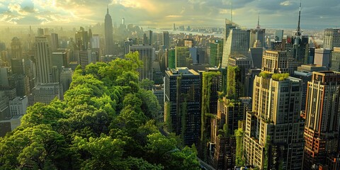Poster - Green city. A group of tall buildings surrounded by trees