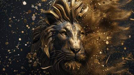 lion 3D relief in golden wallpaper
