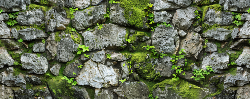 Rustic mossy stone wall background with rough texture and green and ...